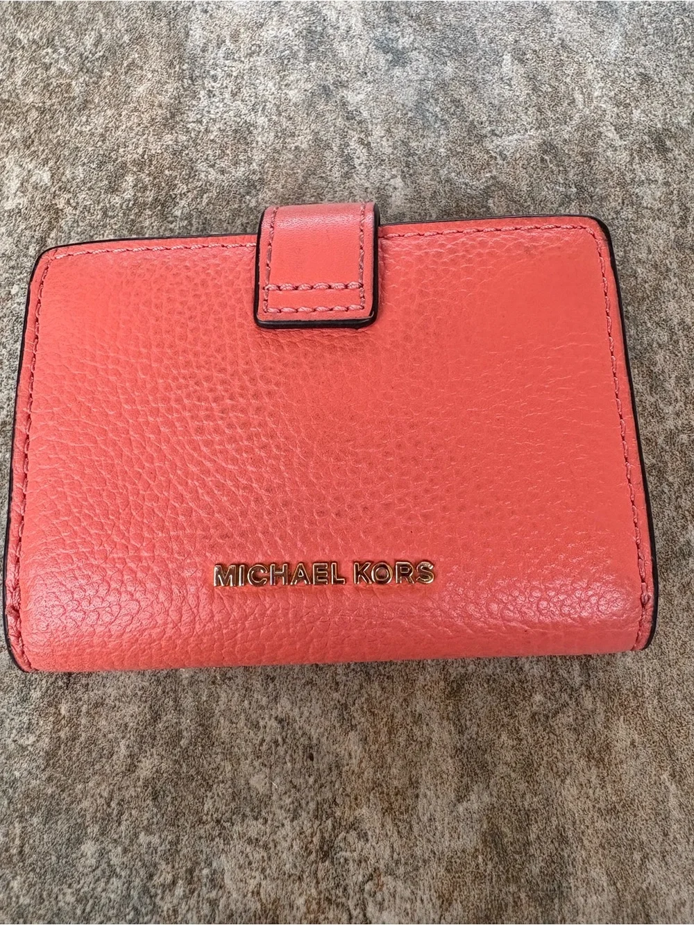Michael Kors Coral Pebbled Leather Snap Wallet with Gold MK Accent